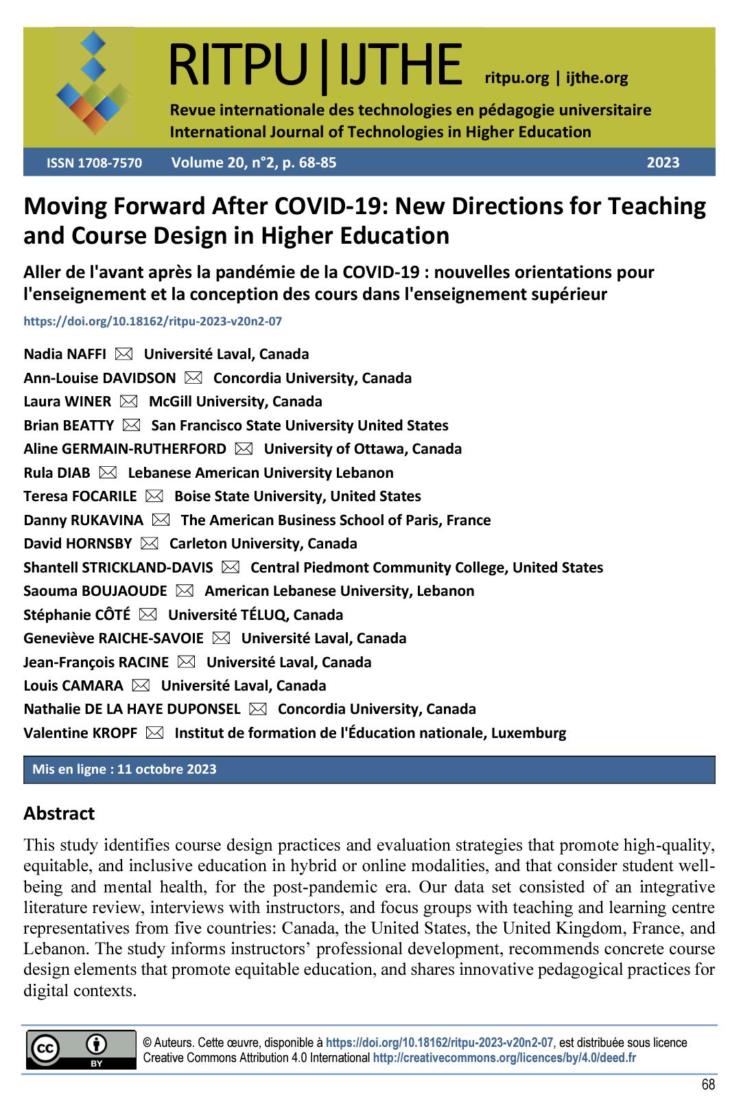 Moving Forward After COVID-19: New Directions for Teaching and Course Design in Higher Education Aller de l'avant après la pandémie de la COVID-19 : nouvelles orientations pour l'enseignement et la conception des cours dans l'enseignement supérieur 